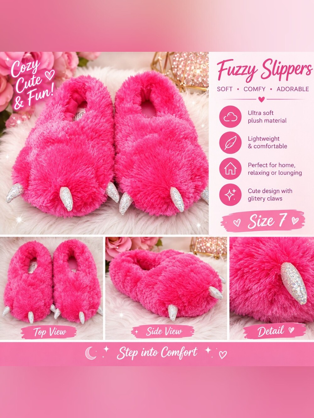 Cozy Fuzzy Slippers - Hot Pink with Glitter Claws ( New Without Tags)